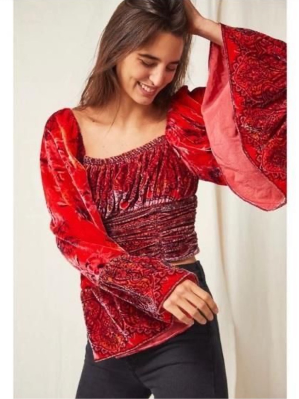 Free people Catching feelings velvet floral bell sleeves top whimsigoth y2k boho